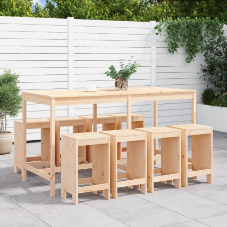 vidaXL Set de mesa y taburetes altos jardín 9 pzas madera maciza pino