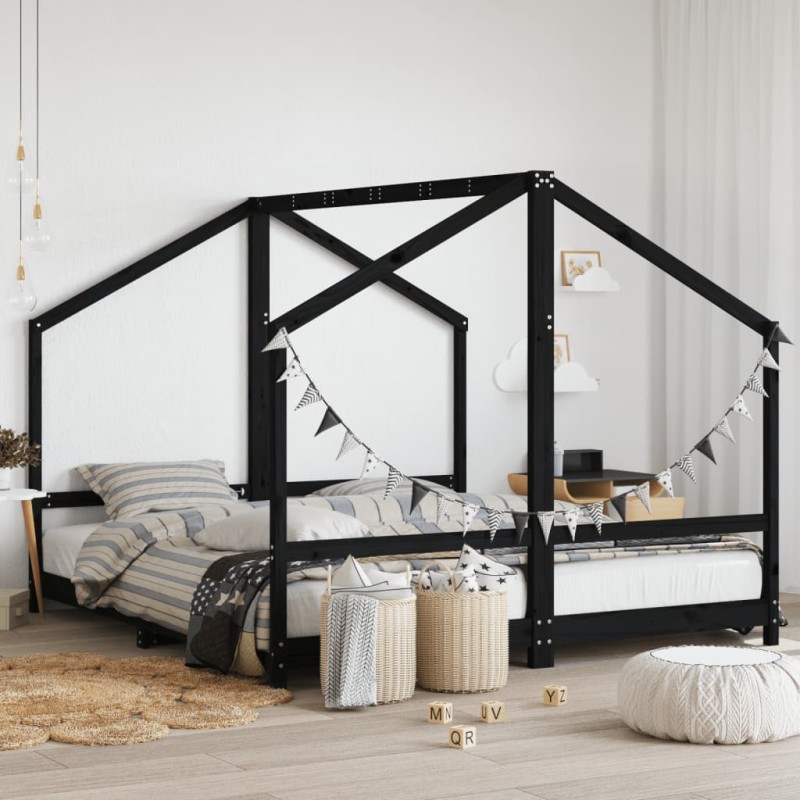 vidaXL Estructura de cama para niños madera pino negro 2x(90x200) cm vidaXL Estructura de cama para niños madera pino negro 2x(90x200) cm