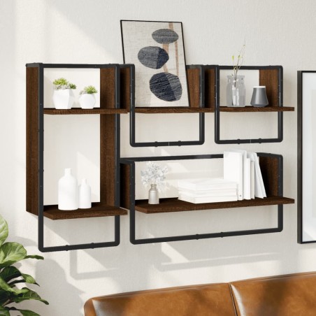 vidaXL Estantes pared con barras 4 pzas madera ingeniería marrón roble