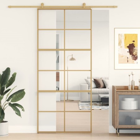 vidaXL Puerta corredera dorada de vidrio ESG transparente y aluminio