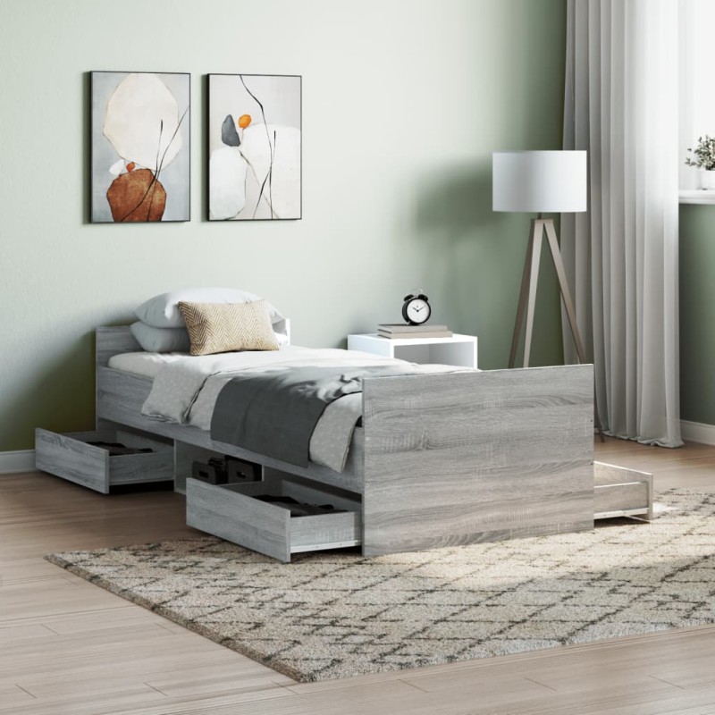 vidaXL Estructura de cama con cabecero piecero gris Sonoma 75x190 cm vidaXL Estructura de cama con cabecero piecero gris Sonoma 75x190 cm