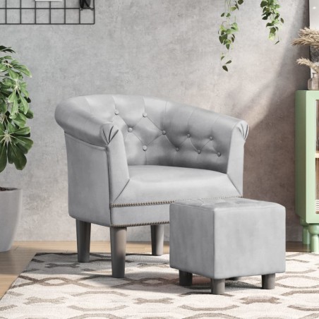 vidaXL Sillón con taburete cuero sintético plateado