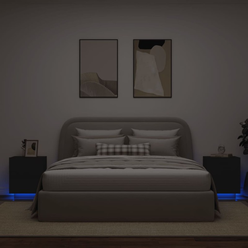 vidaXL Mesitas de noche con luces LED 2 uds madera ingeniería negra vidaXL Mesitas de noche con luces LED 2 uds madera ingeniería negra