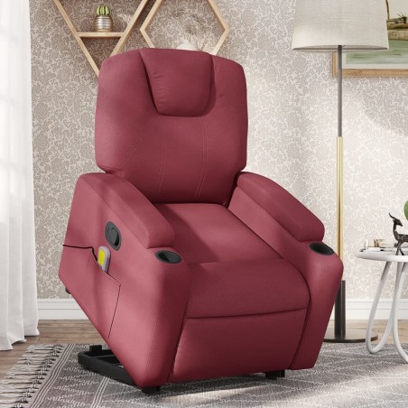 vidaXL Sillón reclinable de masaje elevable tela rojo tinto