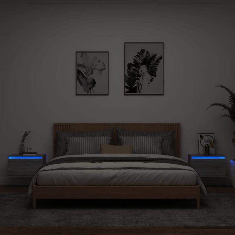 vidaXL Mesitas de noche de pared con luces LED 2 unidades gris Sonoma vidaXL Mesitas de noche de pared con luces LED 2 unidades gris Sonoma