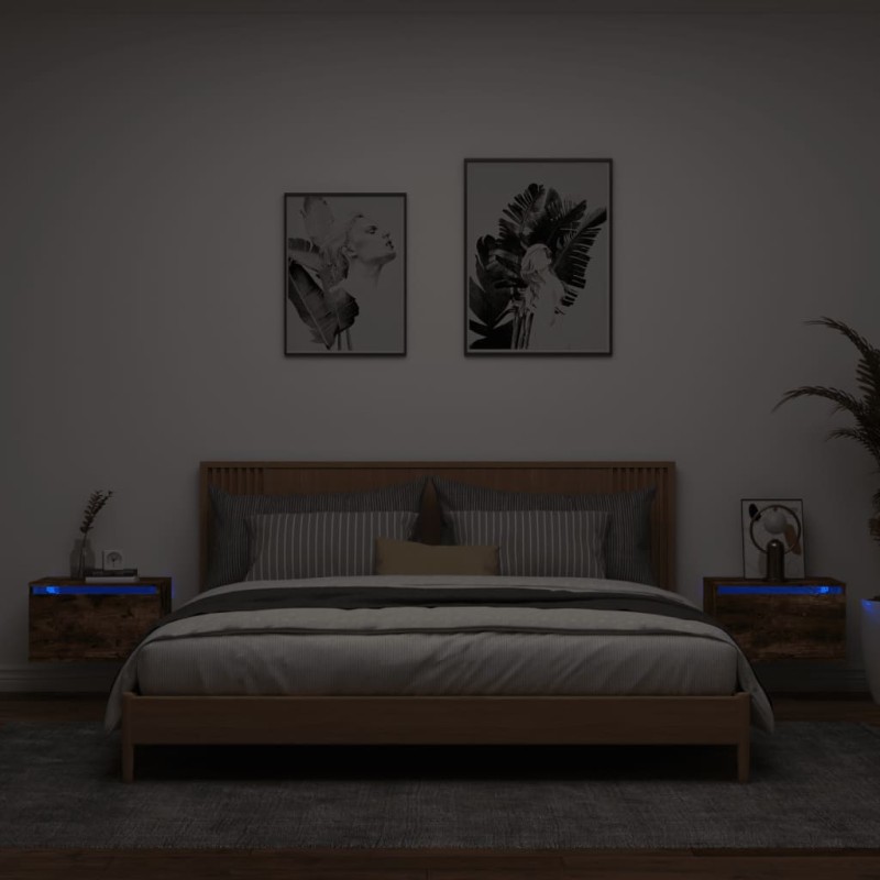 vidaXL Mesitas de noche de pared con luces LED 2 uds roble ahumado vidaXL Mesitas de noche de pared con luces LED 2 uds roble ahumado