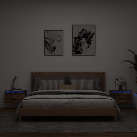 vidaXL Mesitas de noche de pared con luces LED 2 uds roble ahumado