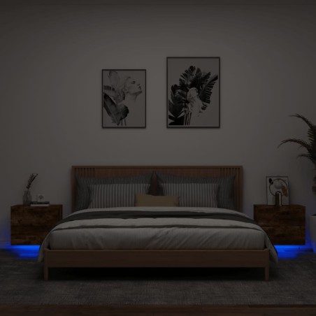 vidaXL Mesitas de noche de pared con luces LED 2 uds roble ahumado