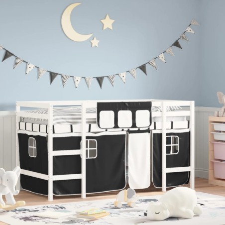 vidaXL Cama alta niños con cortinas madera pino blanco negro 80x200 cm