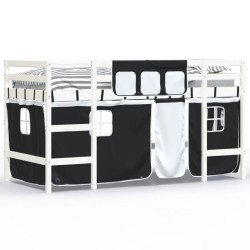 vidaXL Cama alta niños con cortinas madera pino blanco negro 80x200 cm