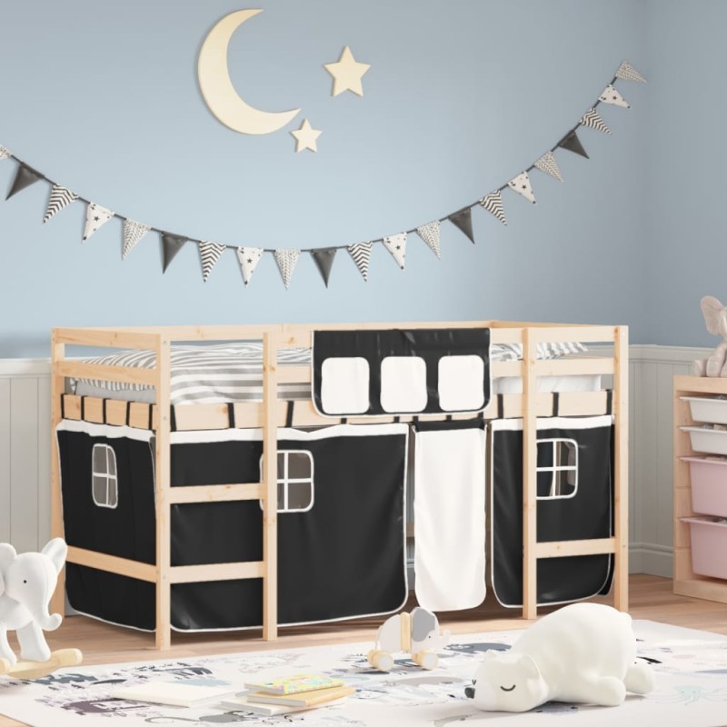 vidaXL Cama alta niños con cortinas madera pino blanco negro 90x200 cm
