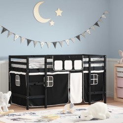 vidaXL Cama alta niños con cortinas madera pino blanco negro 90x200 cm