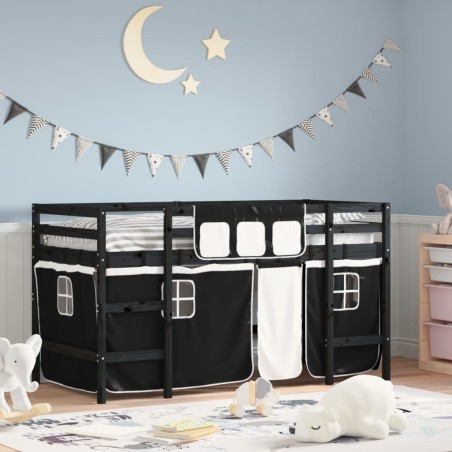 vidaXL Cama alta niños con cortinas madera pino blanco negro 90x200 cm