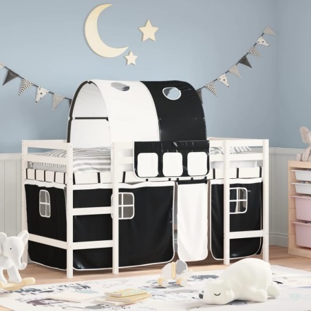vidaXL Cama alta niños con túnel madera pino blanco negro 80x200 cm