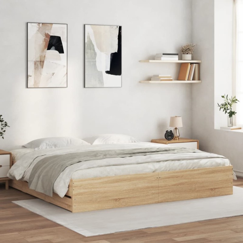 vidaXL Cama con cajones madera ingeniería roble Sonoma 200x200 cm vidaXL Cama con cajones madera ingeniería roble Sonoma 200x200 cm
