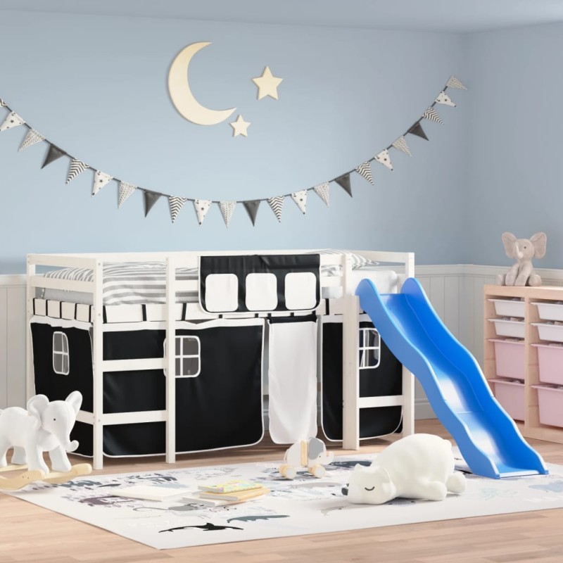vidaXL Cama alta niños con cortinas madera pino blanco negro 80x200 cm vidaXL Cama alta niños con cortinas madera pino blanco negro 80x200 cm