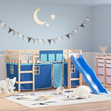 vidaXL Cama alta para niños con cortinas madera pino azul 90x200 cm