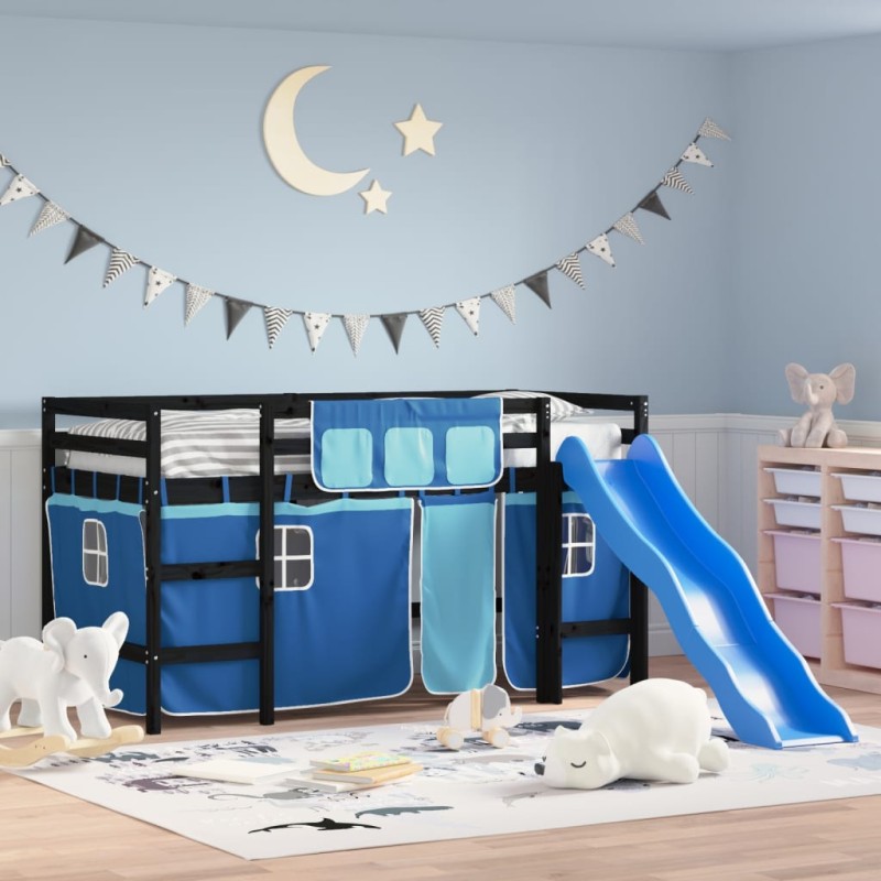 vidaXL Cama alta para niños con cortinas madera pino azul 90x200 cm vidaXL Cama alta para niños con cortinas madera pino azul 90x200 cm