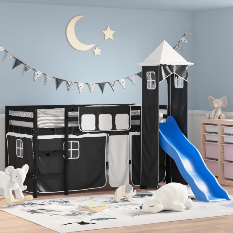 vidaXL Cama alta niños con torre madera pino blanco negro 90x200 cm vidaXL Cama alta niños con torre madera pino blanco negro 90x200 cm
