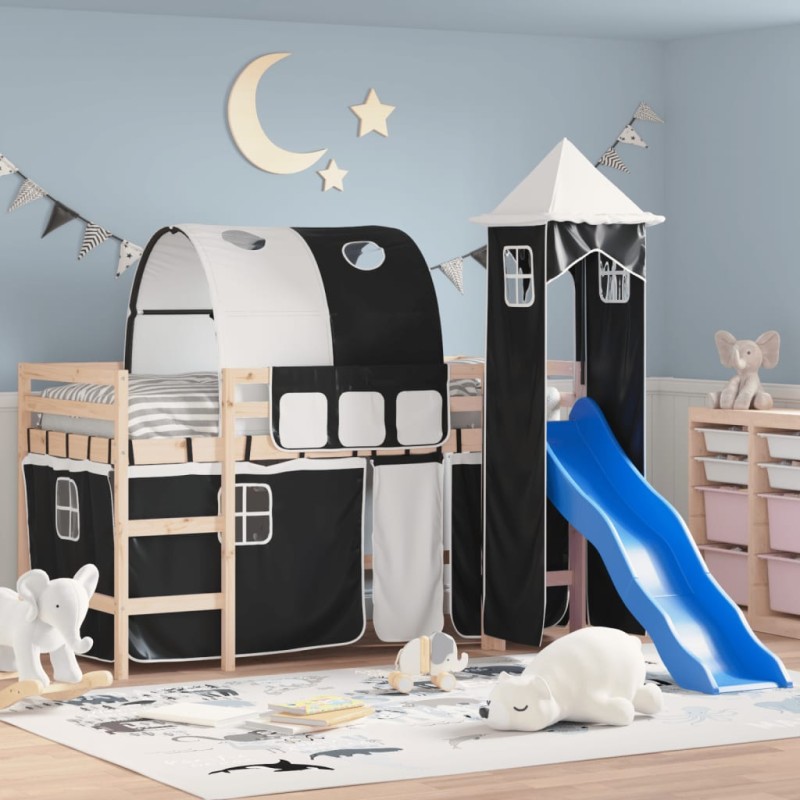 vidaXL Cama alta niños con torre madera pino blanco negro 90x190 cm vidaXL Cama alta niños con torre madera pino blanco negro 90x190 cm