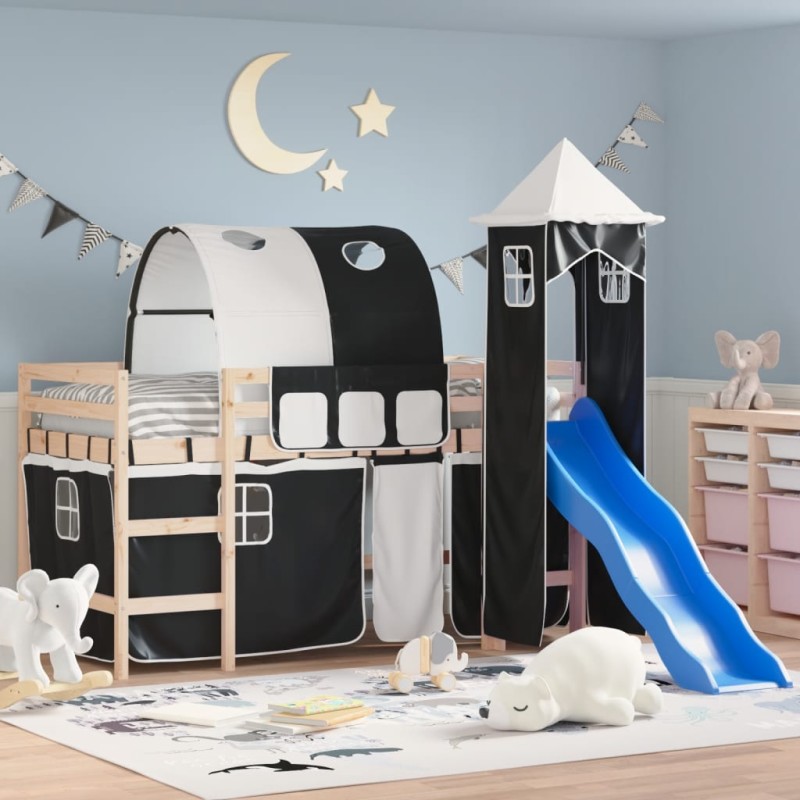 vidaXL Cama alta niños con torre madera pino blanco negro 90x200 cm vidaXL Cama alta niños con torre madera pino blanco negro 90x200 cm