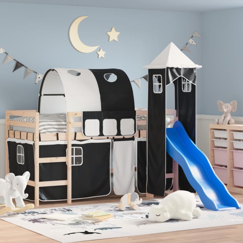 vidaXL Cama alta niños con torre madera pino blanco negro 80x200 cm vidaXL Cama alta niños con torre madera pino blanco negro 80x200 cm