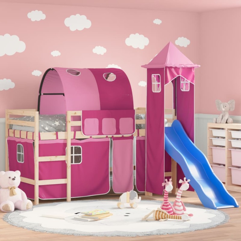 vidaXL Cama alta para niños con torre madera pino rosa 90x200 cm vidaXL Cama alta para niños con torre madera pino rosa 90x200 cm