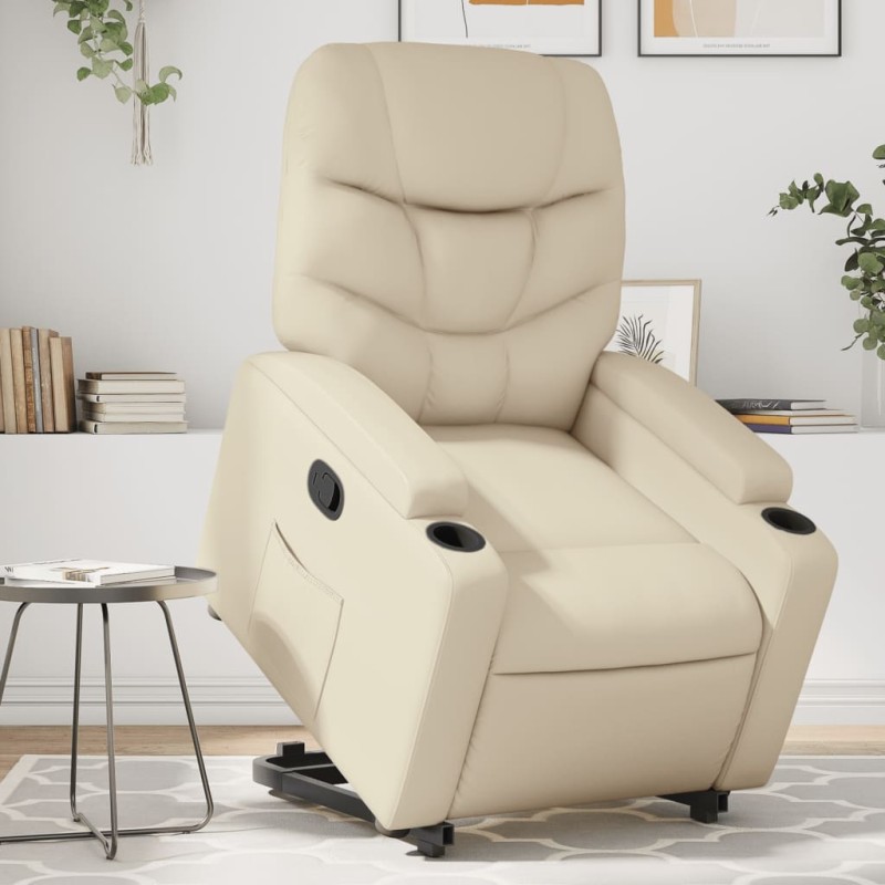vidaXL Sillón reclinable elevable cuero artificial color crema vidaXL Sillón reclinable elevable cuero artificial color crema
