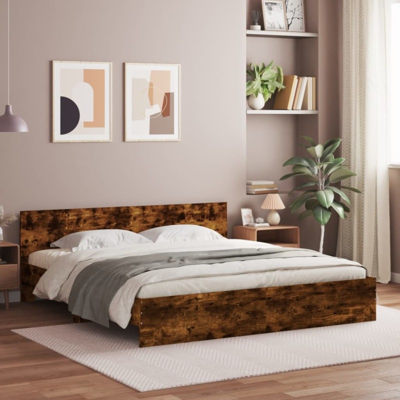 vidaXL Estructura de cama con cabecero roble ahumado 200x200cm vidaXL Estructura de cama con cabecero roble ahumado 200x200cm