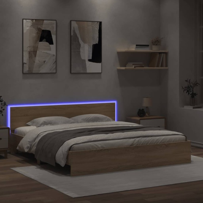vidaXL Estructura de cama cabecero y luces LED roble Sonoma 200x200 cm vidaXL Estructura de cama cabecero y luces LED roble Sonoma 200x200 cm