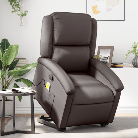 vidaXL Sillón reclinable masaje elevable cuero auténtico marrón oscuro