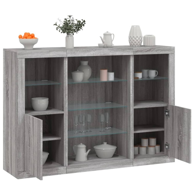 vidaXL Aparador con luz LED 3 pzas madera de ingeniería gris Sonoma vidaXL Aparador con luz LED 3 pzas madera de ingeniería gris Sonoma