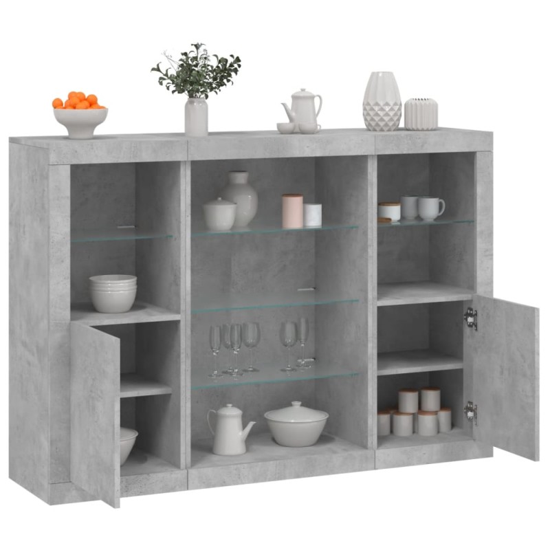 vidaXL Aparador con luz LED 3 pzas madera de ingeniería gris hormigón vidaXL Aparador con luz LED 3 pzas madera de ingeniería gris hormigón