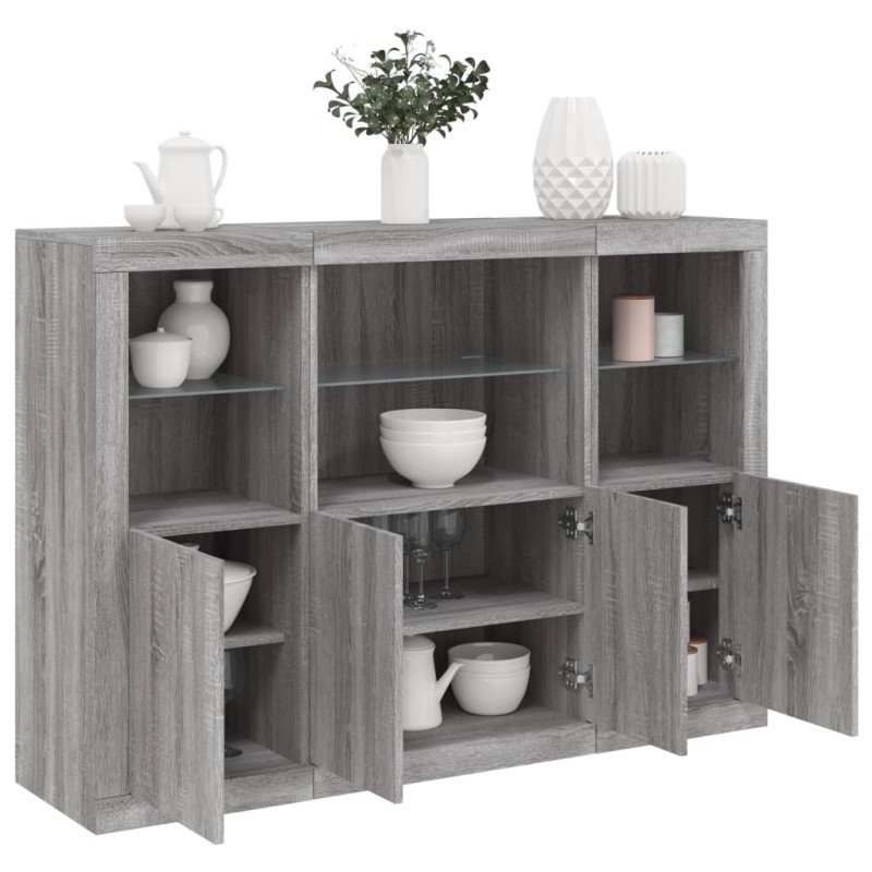 vidaXL Aparador con luz LED 3 pzas madera de ingeniería gris Sonoma vidaXL Aparador con luz LED 3 pzas madera de ingeniería gris Sonoma