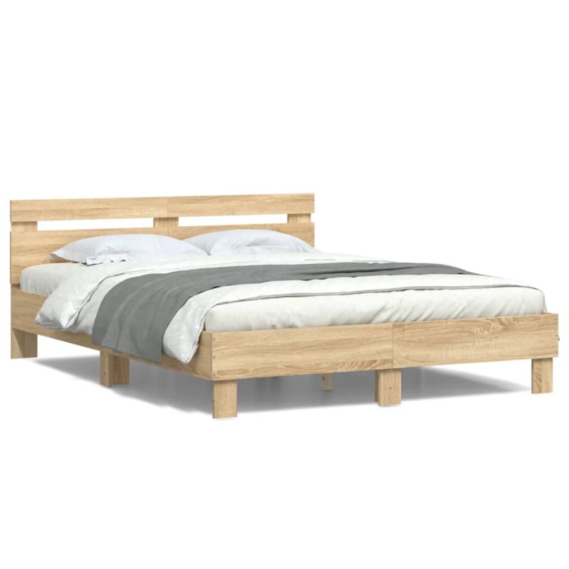vidaXL Estructura de cama cabecero y luces LED roble Sonoma 150x200 cm vidaXL Estructura de cama cabecero y luces LED roble Sonoma 150x200 cm