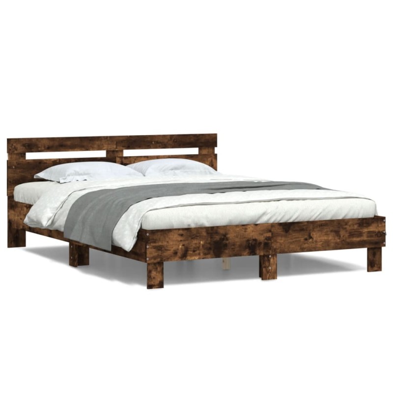 vidaXL Estructura de cama cabecero y luces LED roble ahumado 150x200cm vidaXL Estructura de cama cabecero y luces LED roble ahumado 150x200cm