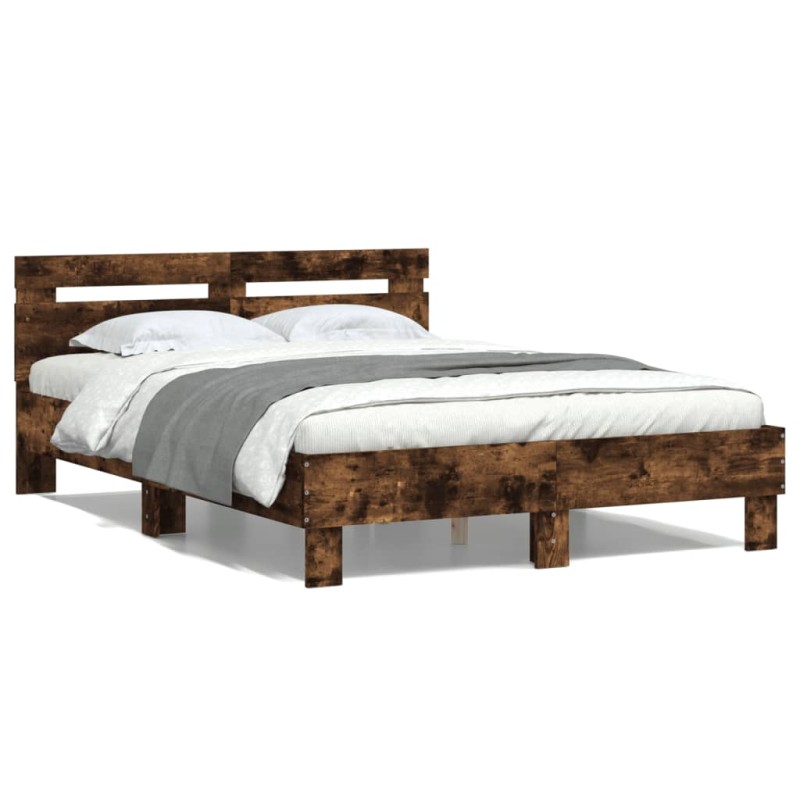 vidaXL Cama con cabecero madera de ingeniería roble ahumado 120x200 cm vidaXL Cama con cabecero madera de ingeniería roble ahumado 120x200 cm