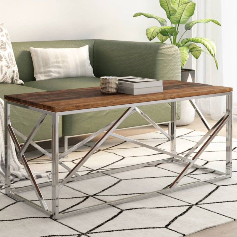 vidaXL Mesa de centro de acero inoxidable plateado y madera maciza vidaXL Mesa de centro de acero inoxidable plateado y madera maciza