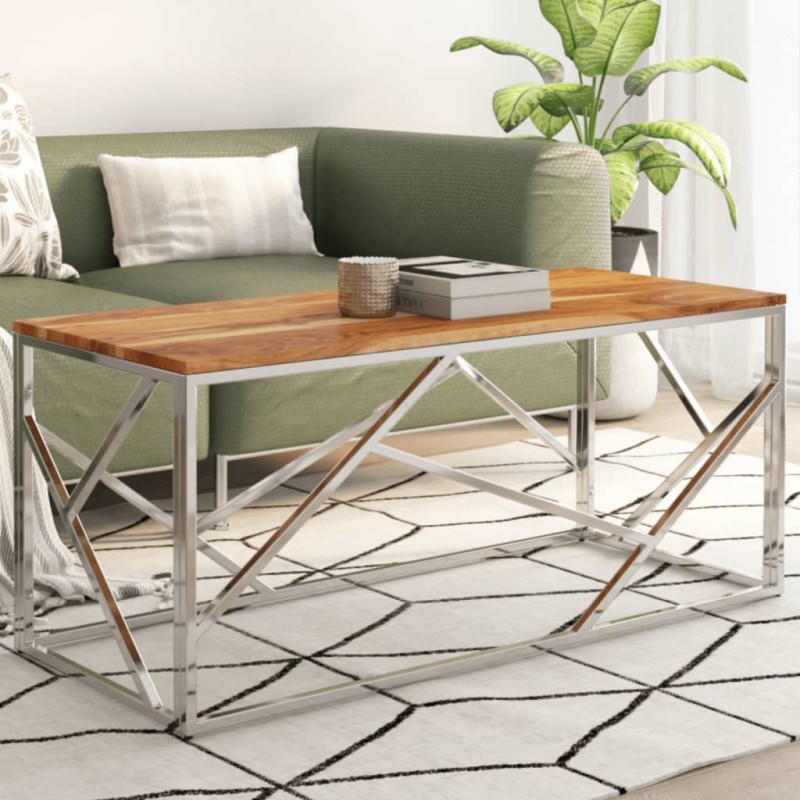 vidaXL Mesa de centro acero inoxidable plateado y madera maciza acacia vidaXL Mesa de centro acero inoxidable plateado y madera maciza acacia