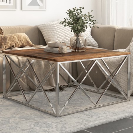 vidaXL Mesa de centro de acero inoxidable plateado y madera maciza