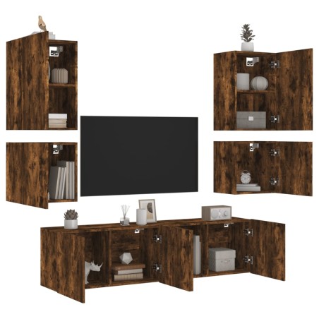 vidaXL Muebles de TV de pared 6 pzas madera ingeniería roble ahumado