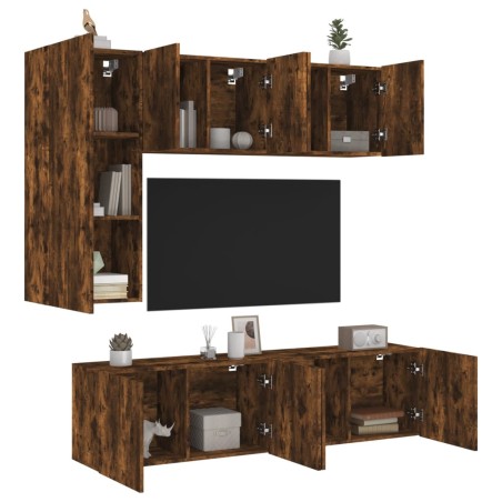 vidaXL Muebles de TV de pared 5 pzas madera ingeniería roble ahumado