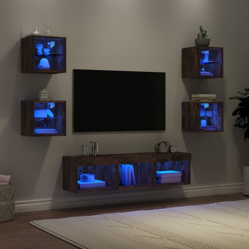 vidaXL Muebles TV pared con LED 7 pzas madera ingeniería roble ahumado