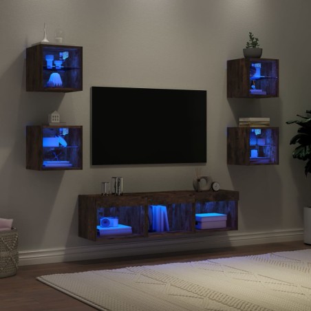 vidaXL Muebles TV pared con LED 7 pzas madera ingeniería roble ahumado