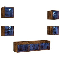 vidaXL Muebles TV pared con LED 7 pzas madera ingeniería roble ahumado