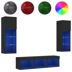 vidaXL Muebles de TV de pared con LED 5 pzas madera ingeniería negro