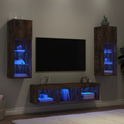 vidaXL Muebles TV pared con LED 5 pzas madera ingeniería roble ahumado
