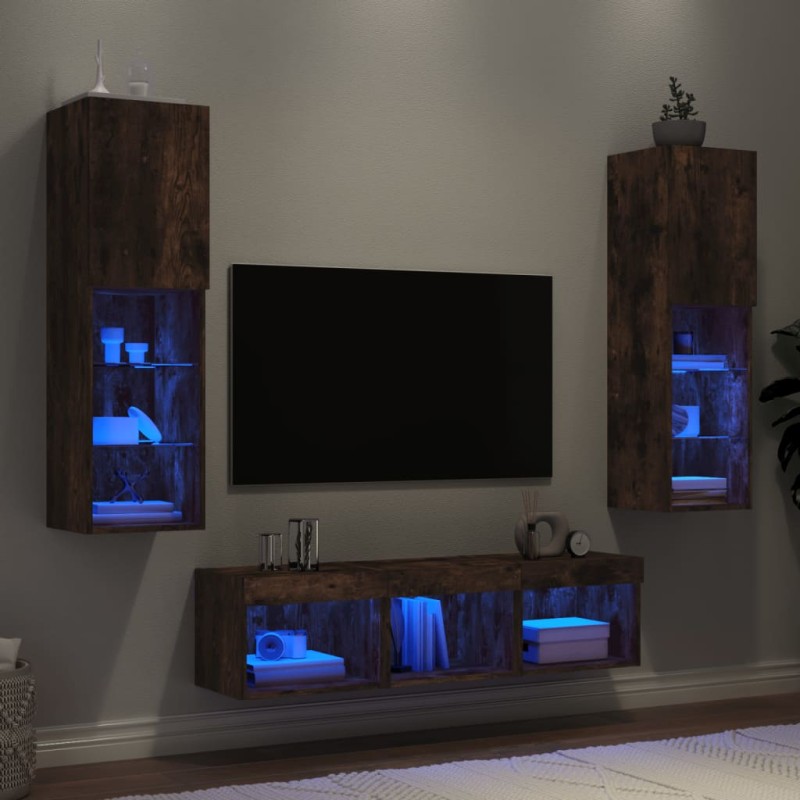 vidaXL Muebles TV pared con LED 5 pzas madera ingeniería roble ahumado vidaXL Muebles TV pared con LED 5 pzas madera ingeniería roble ahumado
