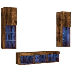 vidaXL Muebles TV pared con LED 5 pzas madera ingeniería roble ahumado