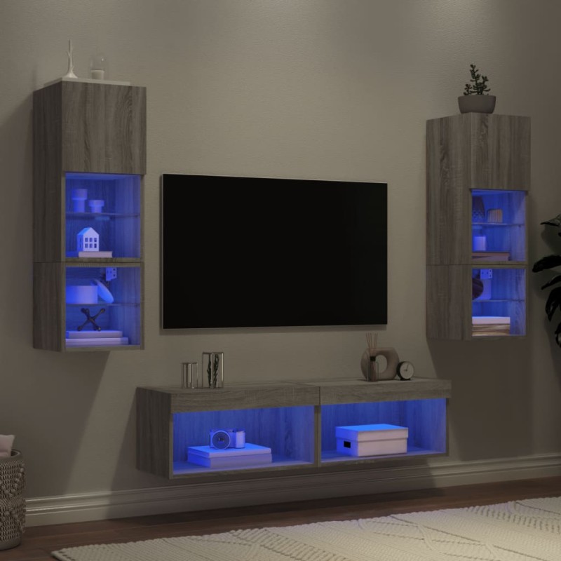 vidaXL Muebles TV pared con LED 6 pzas madera ingeniería gris Sonoma vidaXL Muebles TV pared con LED 6 pzas madera ingeniería gris Sonoma